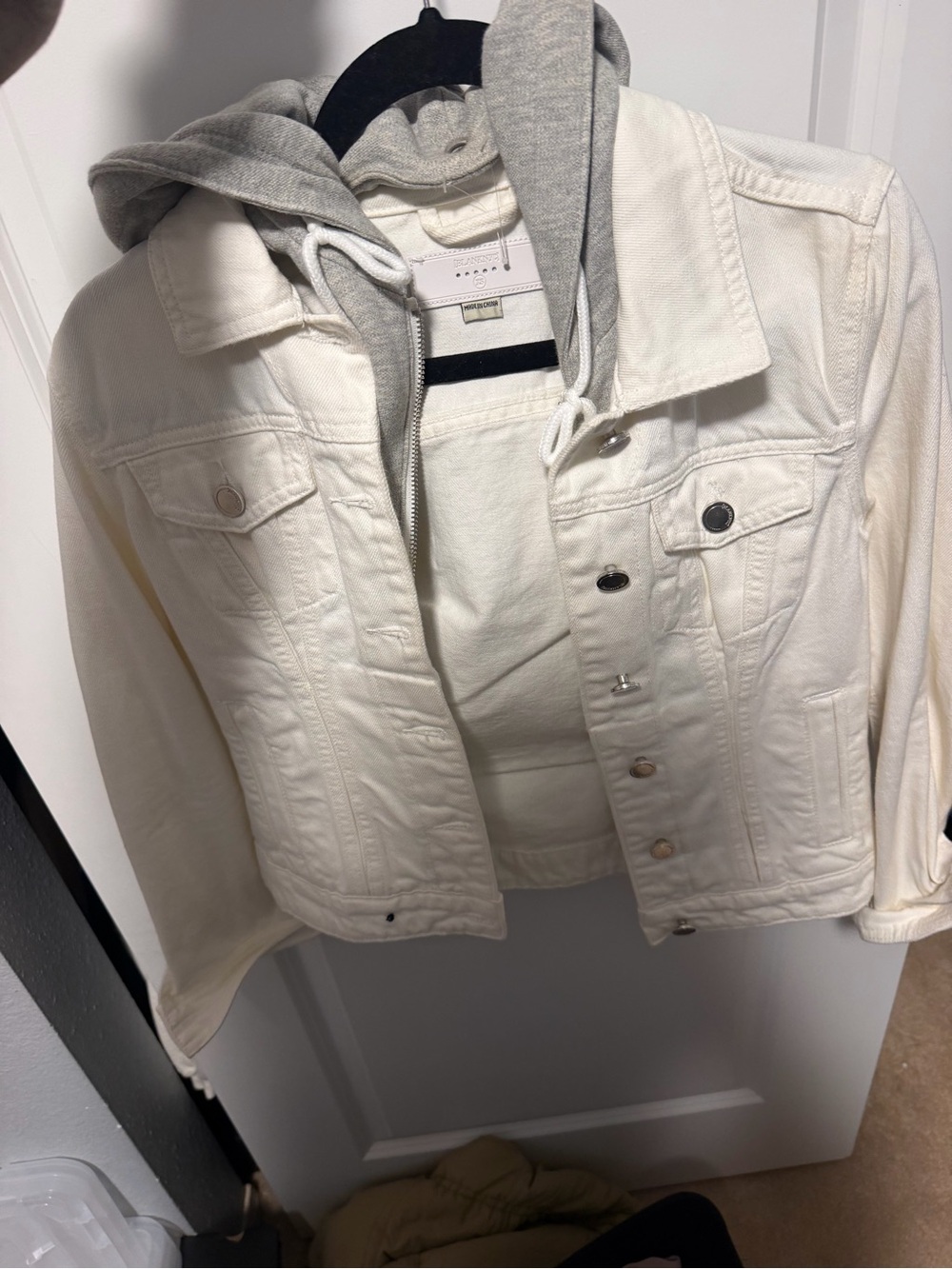 Womens white Denim Jacket with Grey Hooded Insert